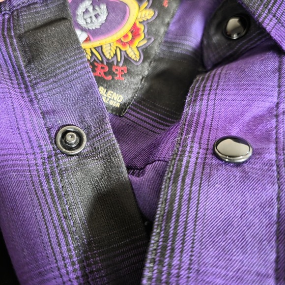 Dixxon Flannel Shirt Mens Large The Heart Short Sleeve Snap Purple Black Striped - Picture 6 of 9